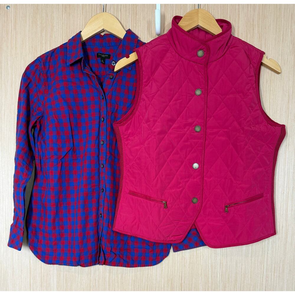 Talbots Buffalo Plaid Flannel Shirt & Quilted Vest Womens Size Small Petite